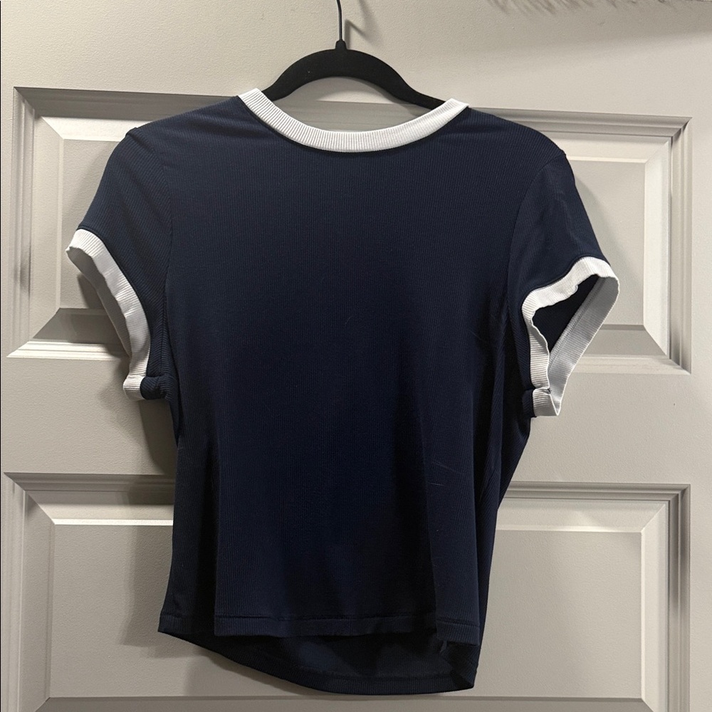 SKIMS ribbed Dark Blue and White Trim Short Sleeve baby Tee